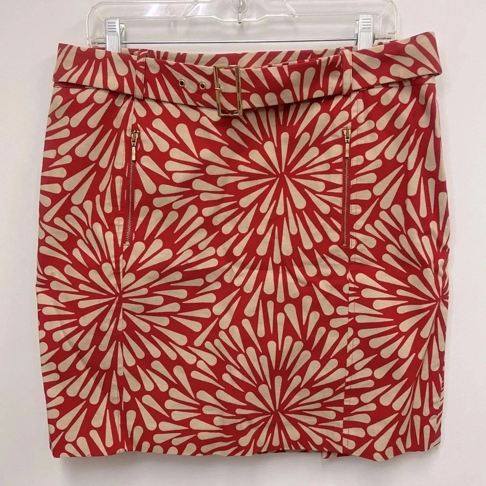 Talbots starburst pattern red and off white belted skirt, zipper pockets size 12